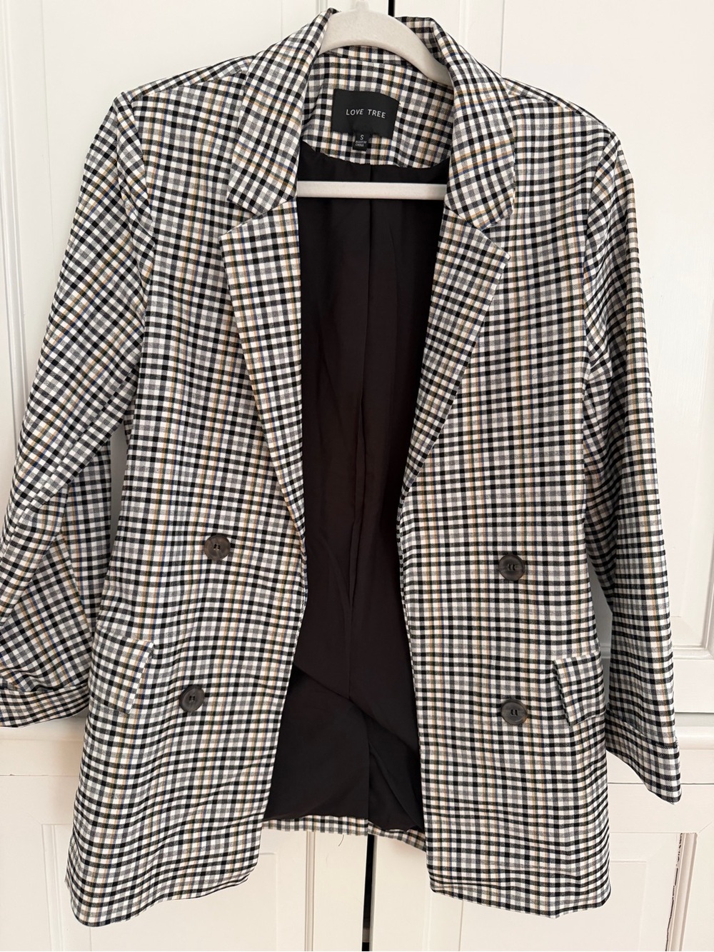 Love Tree Black and White Gingham Double-Breasted Blazer